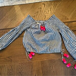 Sundress Gingham Off-Shoulder Top with Red Pom Poms